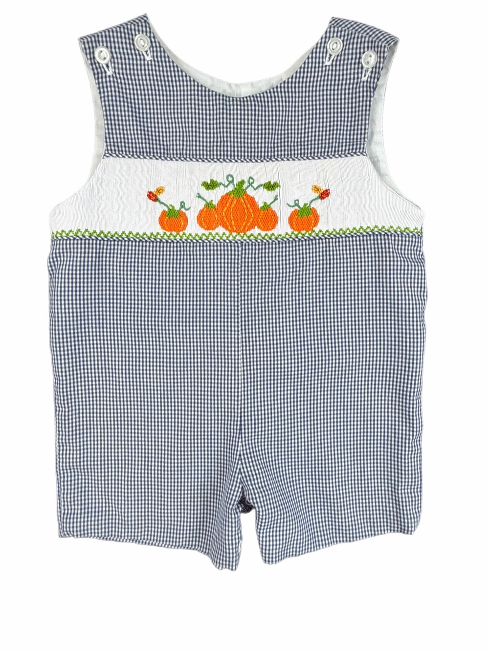 CLASSIC WHIMSY Gingham Fall Pumpkin Smocked Jon Jon Romper - 9M